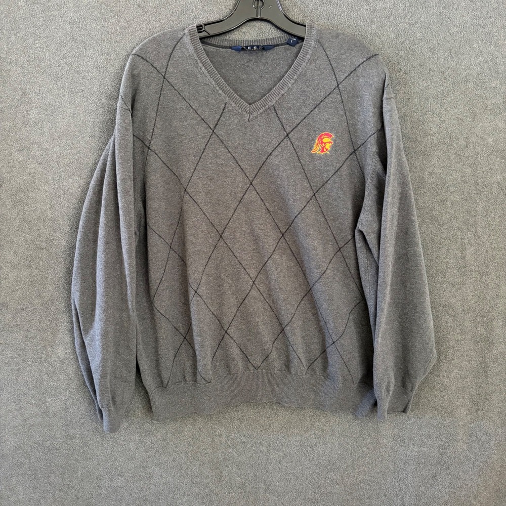 Vesi V-Neck Sweater Men Large Grey USC Trojans Argyle Cotton Knit Pullover